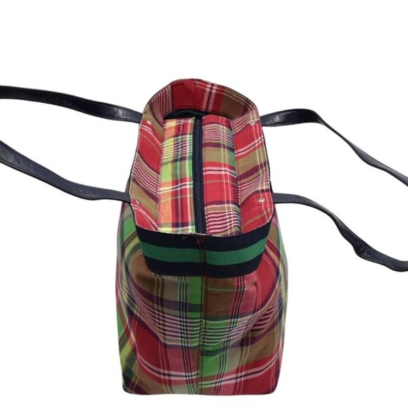 Tommy Hilfiger Plaid Tote Bag Bow Accent Navy Handles - Picture 4 of 7